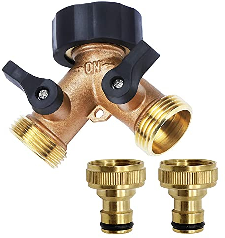 Tesmotor 2 Way Garden Hose Splitter, 2-Way Tap Connector with Individual On/off and Two Quick Connector, 3/4 Tap Y Splitter Brass Hose Connector