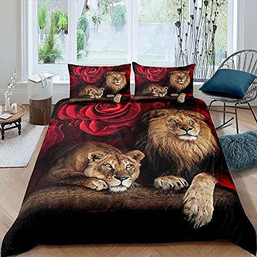Homewish Lion Duvet Cover Double, Rose Bedding Set Bedroom Decor | Animal Floral Print Nature Theme Quilt Cover with 2 Pillowcases, Bed Sets for Kids Youth Adult, Brown