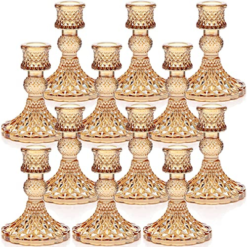 DARJEN Candlestick Holders Set, 12Pcs 4 H Taper Candle Holders Bulk, Glass Candle Holders for Wedding, Festival, Party & Windowsill Decor, Gold