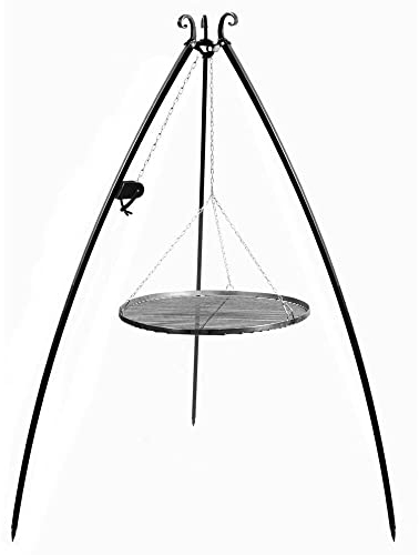 Barbecue suspendu 200 cm – Barbecue au charbon de bois – Barbecue à trois pieds – Grille de cuisson en acier brut + manivelle – 3 tailles 50 / 60 / 70 cm (70 cm)