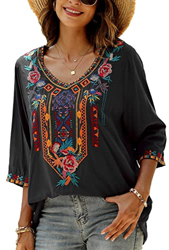 Seasonal Maglietta Estiva da Donna con Ricamo, Camicia Ricamata, Scollo a V, Maniche a 3/4, Top a Tunica, da Donna,Nero-328,M