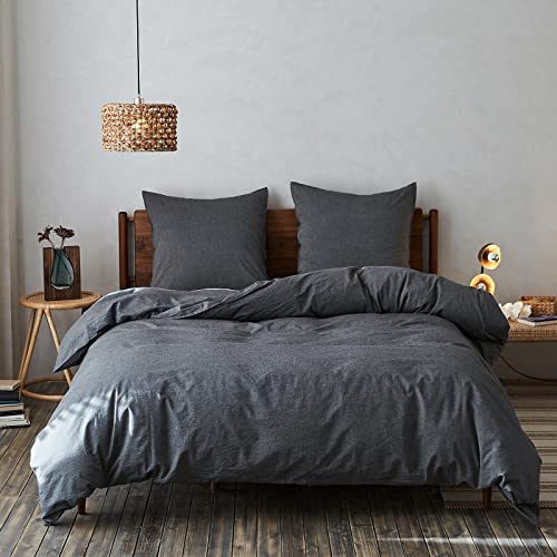 Simple&Opulence Literie 3 pièces-100% Coton lavé Confort de Couchage Doux et Confortable-Certifié ÖkoTex Housse de Couette&2 taies d'oreiller(200x200cm, 2x65x65cm, Gris foncé)