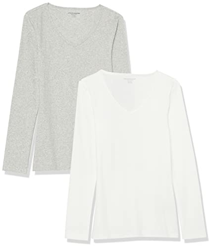 Amazon Essentials Lot de 2 t-Shirts en Tricot côtelé à Manches Longues et col en V côtelé pour Femme (Disponible en Grande Taille), Blanc/Gris, Taille XXL