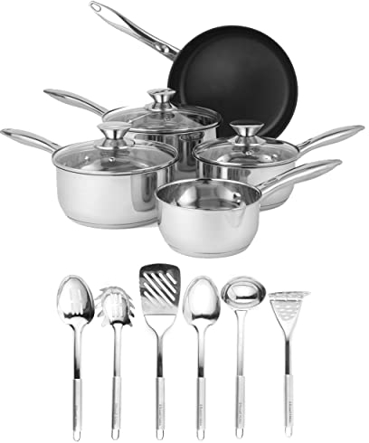 Russell Hobbs COMBO-7708B Stainless Steel Pan Set & Utensils, Saucepans/Milk Pan, Non-Stick Frying Pan, Induction, Kitchen Tools With Holder, Ladle, Cooking Spoons, Spatula, Masher, Classic Collection