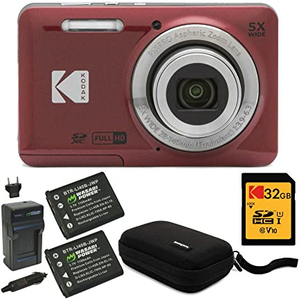 Kodak PIXPRO Friendly Zoom FZ55 Digital Camera (Red) Bundle with 32GB SD Card, Camera Case, and Battery Travel Charger (4 Items)