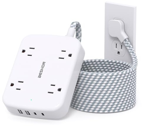 10FT Surge Protector Power Strip, Flat Extension Cord with 2 USB C, Flat Plug Power Strip, 4 Widely Outlets and 4 USB Charging Ports, Outlet Extender, 900 Joules, for Home Office Dorm Room Essentials