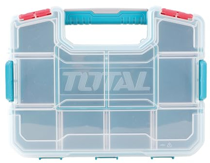 TOTAL - Boîte de Rangement en Plastique Empilable Mod.TPBX1121 | Avec Poignée et Couvercle Transparent | Coins Arrondis | 10 Compartiments | Durable et Résistante | 305 x 230 x 65mm | Plastique | Bleu