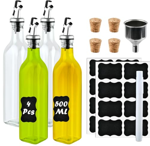 USENG 4Set 500ML Bouteilles D'huile,Distributeur D'huile D'olive en Verre avec étiquettes Entonnoir Bouchons,Distributeur de Vinaigre D'huile Bouteilles pour Verser L'huile pour Cuisine Barbecu