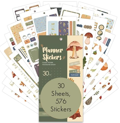 BIROYAL Autocollants de Calendrier pour Bullet Journal, Lot de 30 Feuilles / 576 Autocollants, Thème Forêt Rustique, Vinyle Multicolore, Idéal pour Planificateur et Scrapbooking