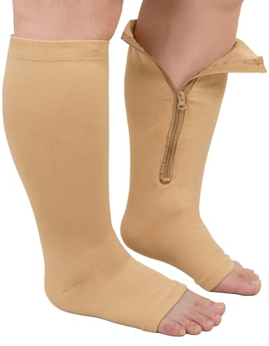 Calze Compressione Graduata Donna Uomo: Taglie Forti Calzini Contenitive Gambaletto con Cerniera Obesi Polpaccio Punta Aperta per Vene Varicose Circolazione Sportive Aereo Gravidanza 1 Paia 5XL Beige