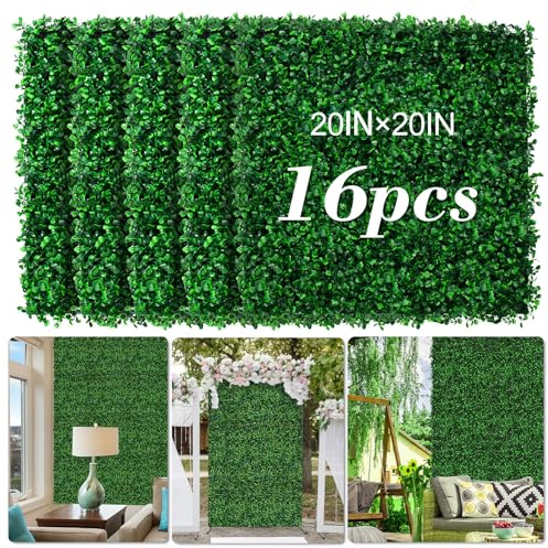 AOKIE - Pared de césped artificial de 20 x 20 pulgadas, 16 paneles de pared de seto de boj antirayos UV, decoración de pared, pantalla de seto de privacidad para interiores y exteriores, patio, balcón