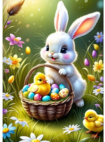 DAERLE Pintura de Diamantes, 5D Diamond Painting Kit Completo Conejo de Pascua, Dibujos con Diamantes Conejitos de Pascua lindos, Pintar con Diamantes para Decoración de Pared del Hogar 30x40 cm