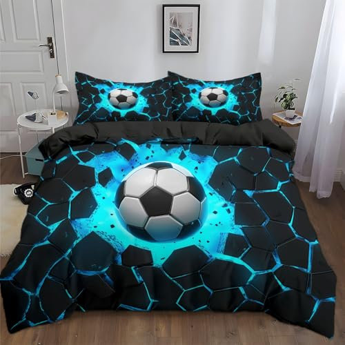 Generico Copripiumino Policotone 150x200 cm Tema Blu Dei Frammenti Di Calcio Set Copripiumino Morbido Ipoallergenico, Biancheria da Letto Moderno 3 Pezzi, Copripiumino con 2 Federe 50x80 cm