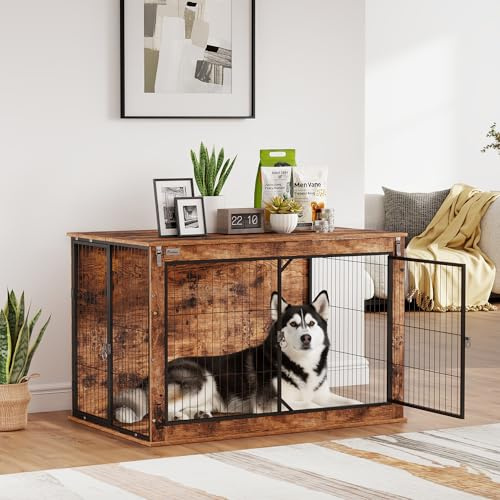 PawHut Dog Crate Furniture, Dog Cage End Table with Openable Top, Two Lockable Doors, for Extra Large Pets, 118 x 75 x 77cm, Rustic Brown