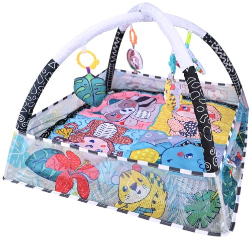 Bebamour Baby Play Gym & Activity Mat with 5 Sensory Hanging Toys, 18 Colourful Balls, Soft Washable Playmat, Foldable Baby Floor Gym for Newborn, Infants & Toddlers 0-24 Months