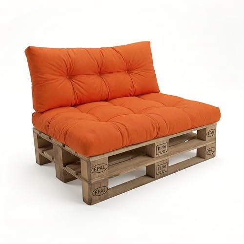 POKAR Set di Cuscini per Europallet da 2 pezzi: 1x Cuscino-sedile 120x80cm + 1x Cuscino-schienale 120x40cm, per Divano da Giardino, per Interno ed Esterno, senza Pallet, Arancione