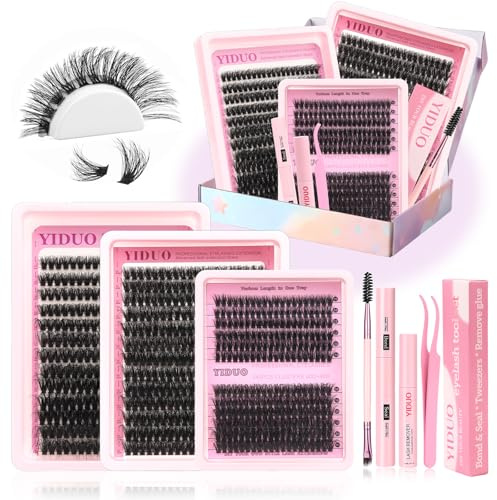 YIDUO Lash Clusters Kit with 2X Bond&Seal 760Pcs 3 Styles 80D+100D Clusters Lashes Extension Volume Soft Eyelash Extension Kit Wispy Natural DIY Individual Lash Clusters Kit Box for Beginners