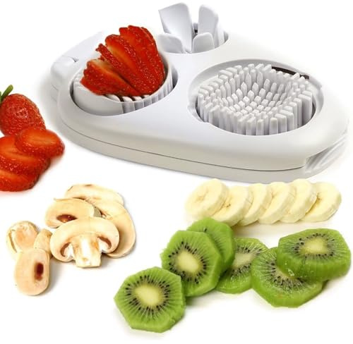 Affettaverdure 3 in 1, in acciaio inox, lavabile in lavastoviglie, per uova, funghi, fragole, utensili da cucina per frutta morbida, affettatrice con 3 funzioni di taglio e vassoio di raccolta