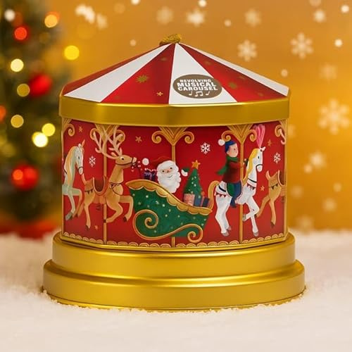 Christmas Musical Carousel with Fudge Sweets - Music Box Tin with Vanilla Fudge 150g Sweets for Stocking Fillers, Christmas Table Decoration, Secret Santa Gifts for Kids
