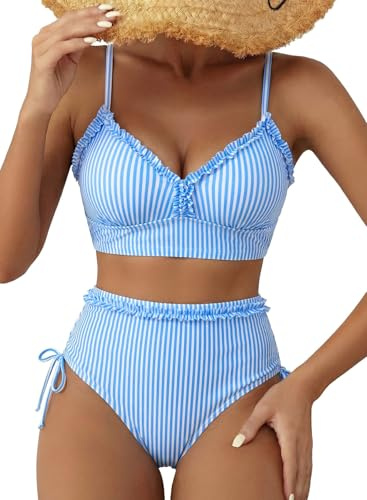 Herseas Women's Splice Ruffle Trim Bikini Sets Drawstring Side Adjustable Straps Swimsuits Slimming 2 Piece High Waisted Blue Stripes Bathing Suits Cute Swimwear for Teen Girls Medium