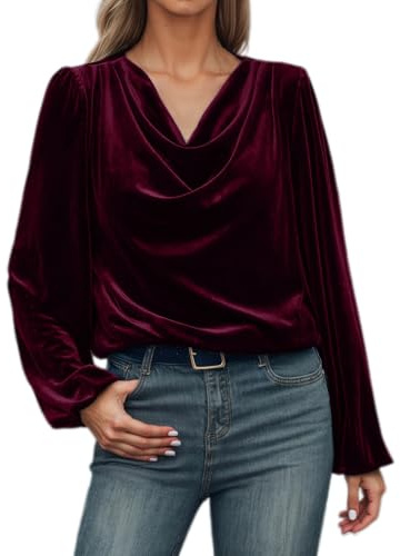 Top in velluto da donna con scollo a cascata - Elegante maglietta a maniche lunghe in velluto | Camicia festosa per occasioni speciali, L