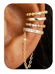Roheafer 4Pcs Ear Cuff pour Femme Manchettes d'Oreille Sans Percage, Faux Piercing Cartilage Réglable, Boucles d'Oreille à Clip Or 15K Plaqué Hypoallergénique pour Orelles Non Percées(G-Bead)