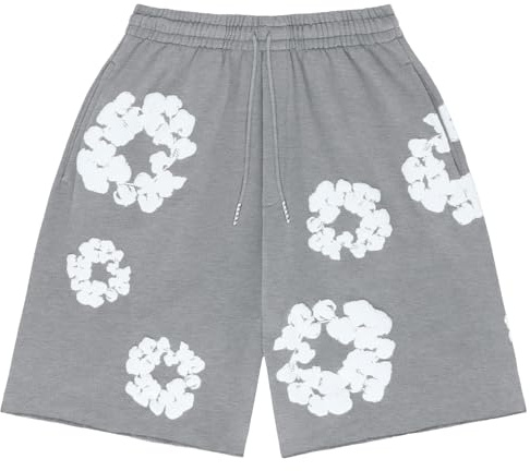 Kurze Hosen Herren Shorts Sommer Sportshorts Baumwolle Blumen Freizeit Hose Herren Kurz Laufhose Leicht Y2K Hip Hop Strandshorts mit Tasche (001 Grey, M)
