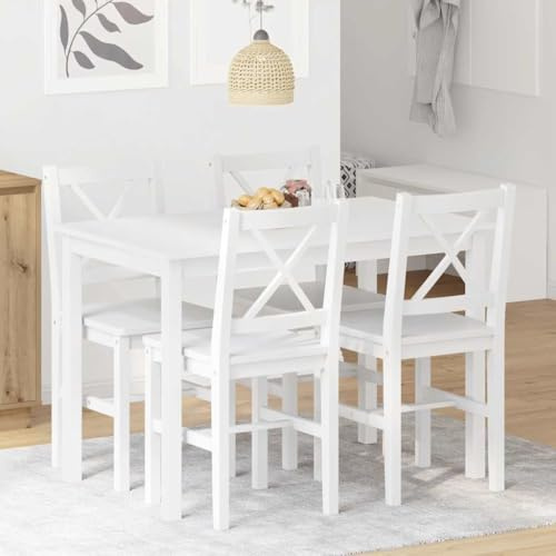 RCODSSK 5-TLG. Gruppo da pranzo 4 sedie 1 tavolo in legno massello con superficie verniciata e linee semplici in bianco