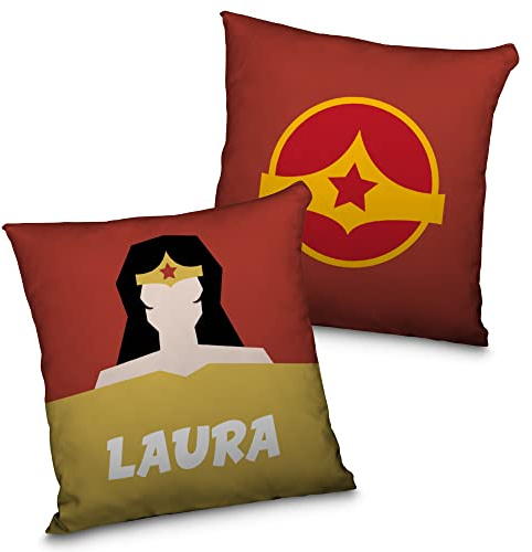 LolaPix Cuscino personalizzato da supereroe con nome. Regalo Geek. Vari disegni da scegliere. Mujer Maravilla