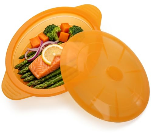 Microwave Steamer Cooker Collapsible Bowl-Silicone Steamer Cookware with Handle Lid for Vegetables Fish Prep Meal Food with Removable Rack BPA Free, Easy to Store, Freezer & Dishwasher Safe, Orange