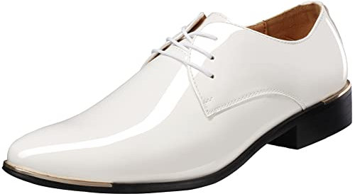 zpllsbratos Herren Lederschuhe Lackschuhe Derby Schnürhalbschuhe Oxford Hochzeit Schuhe 38-48(Weiß,44)