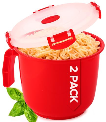 Tafura Microwave Bowl with Lid – 34oz Microwave Safe Soup Bowls with Lids, Ramen Noodle Bowl with Handle, Leakproof Plastic Bowls Microwave Safe, BPA-Free Soup Mugs for Travel – 2 Count