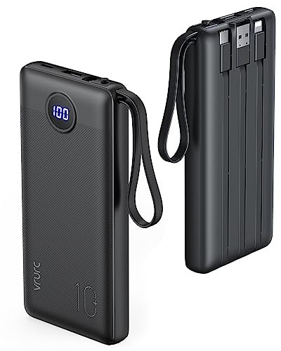 VRURC Power Bank 10000mAh With Built in Cables,USB C Battery Pack Portable Charger with 5 Outputs 2 Inputs Powerbank LED Display compatible with iPhone 16 15 14 Samsung S21 S20 Xiaomi