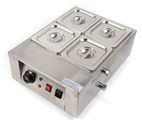 Máquina de temperar chocolate, fusible eléctrico comercial, 4 cacerolas de 8 kg, calentador de alimentos de acero inoxidable, calentador de agua, fusible de chocolate con tapa para catering