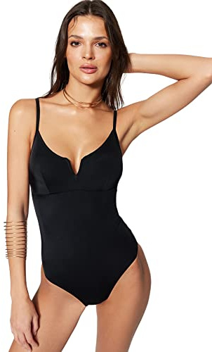 Trendyol Costume da Bagno con Motivo Floreale a V Intero, Nero, 48 Donna