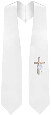 CLERKMANS Unisex White Baptismal Stole - Embroidered Baptismal Cross - Church Stole/Sash