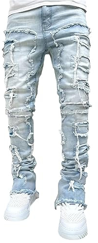 CosTribe Jeans empilés coupe ajustée déchiré jeans détruits droite denim pantalon Harajuku Hip Hop pantalon streetwear, bleu, Taille S