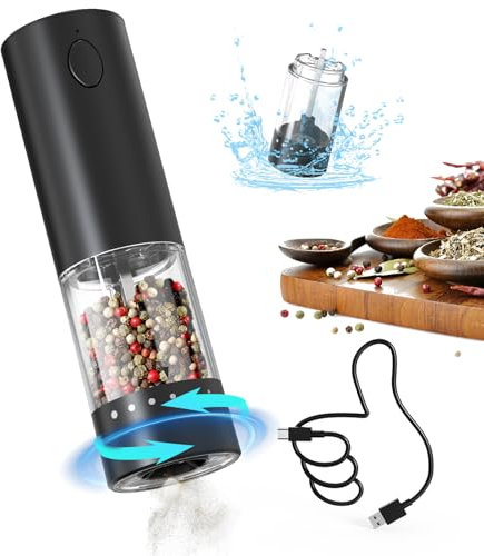 CIRCLE JOY Macinapepe Ricaricabile Macinaspezie Elettrico con Contenitore Trasparente da 95ml, Luce LED Bianca e Ruvidità Regolabile Esterna, Nero