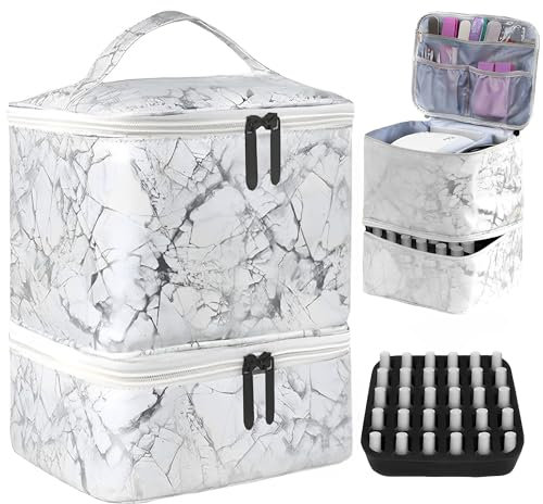 MZSX Double-Layer Nail Polish Storage, Holds 30 Bottles (15ml/0.5 fl.oz) and Nail Lamp, Nail Dryer Case, Nail Polish Organizer Bag, Travel Storage Bag for Manicure Set, Portable Vanity Case (White)