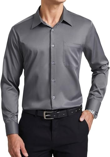 Enlision Chemise Grise Homme Manches Longues Extensible sans Repassage Infroissable Coupe Classique Boutons Poche Bureau Mariage Tenue Formelle XXL