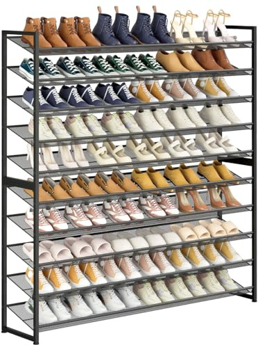 NEYCIL Large Shoe Rack 10 Tier Shoe Organizer, Heavy Duty Metal 5-Tier Stackable Shoe Storage Vertical Shoe Rack for Closet Front Door Entrance, Up to 62 Pairs, 44.8 W x 11.4 D x 71.2 H, Black