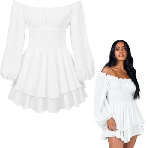 Robe Volants Bouffante, Taille L Robe Mousseline Soie épaules Dénudées avec Short Intégré, Jupe à Volants à Manches Longues Bouffantes, Costume de Pirate Pour Femme, Robes D'été Sans Bretelles