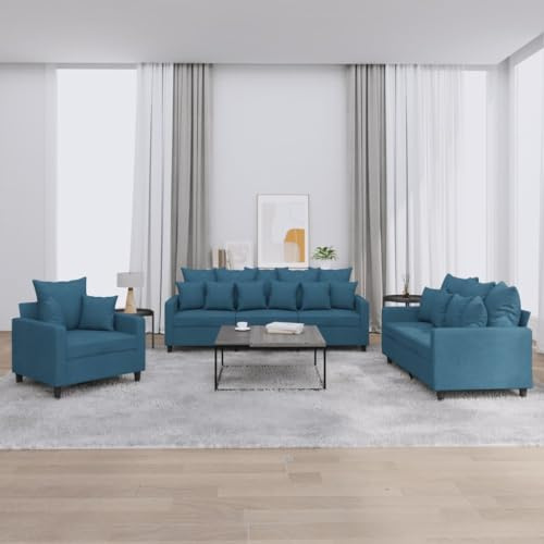 Qnhdfrt Ensemble de canapé 3 pièces en velours bleu avec 21 coussins, 1 fauteuil, 1 canapé 2 places + 1 canapé trois places, tissu velours doux et structure en métal robuste pour salon, salon