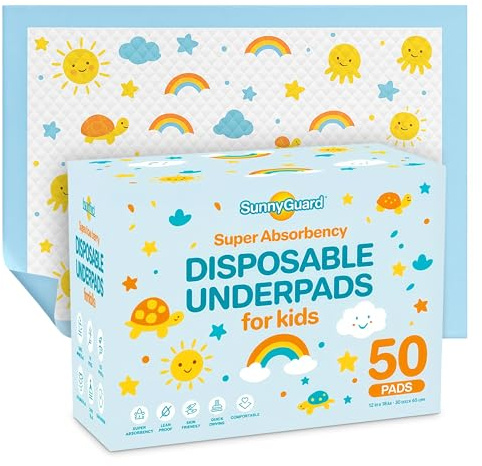 SunnyGuard Disposable Changing Pads for Baby 13 x 18 Inches, 50 Diaper Changing Pad with Unique Design & 6 Layers of Protection for Nursery Use, Travel Changes & Pee Pad Protection, 33 x 46 CM