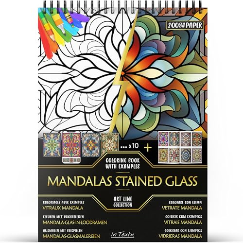 In Textu – Vidrieras Mandala – Libro de Colorear para Adultos y Adolescentes con Ejemplos Coloreados Inspiradores – Papel Premium 200 g/m² – Encuadernación en Espiral Fina – Cuaderno de Colorear