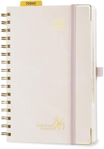 POPRUN Agenda 2026 2027 Journalier Scolaire Format A5 21,5 x 14,5 cm | 1 Page par Jour,Août 2026-Juil 2027(12 Mois),Couverture Rigide en PU Cuir Spirale,Règle-signet,Papier 80g/m²,Beige