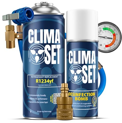 ClimaSet – R-1234yf köldmedium & luftkonditioneringsrengöringsmedel för bilar & slang & adapter – Luftkonditionering Självpåfyllningsset – Påfyllningsset, Bilklimat Påfyllning – 170 g