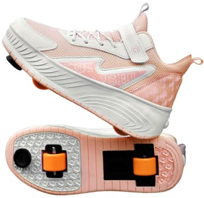 JJDFW Barn tvåhjuliga rullsneakers med broms och nät överdel, spets och krok och ögla stängning, tjock sula för promenader och skridskoåkning, svart vit blå rosa
