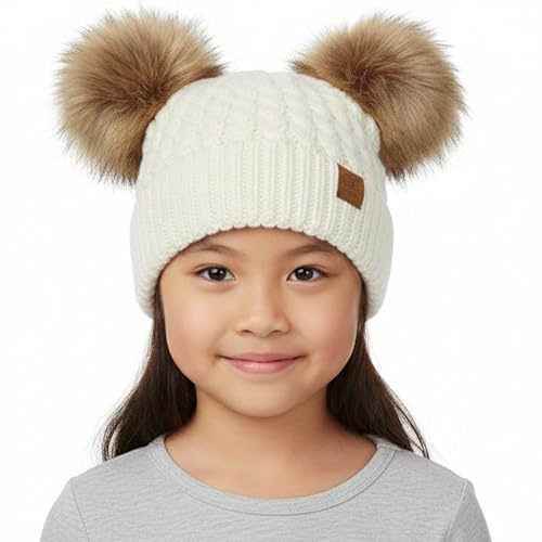 Funky Junque Toddler Double Pom Pom Beanie – Warm Knit Winter Hat for Girls Ages 1–6, Soft Kids Poms Beanies for Cold Weather - Ivory - Faux Fur Poms