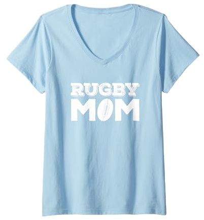 Donna Rugby Mamma Distressed - Palla da rugby bianca Maglietta con Collo a V